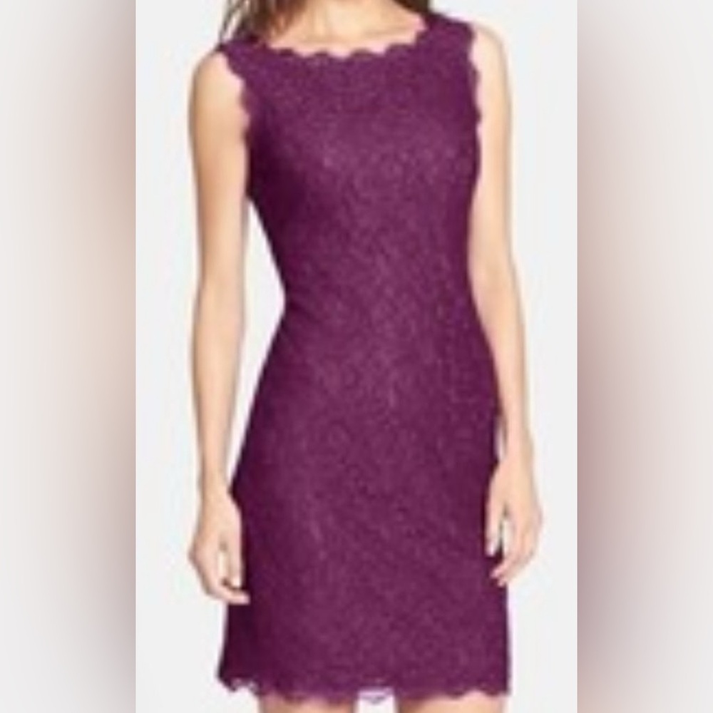 Adrianna Papell boatneck lace sheath dress plum colour size 10